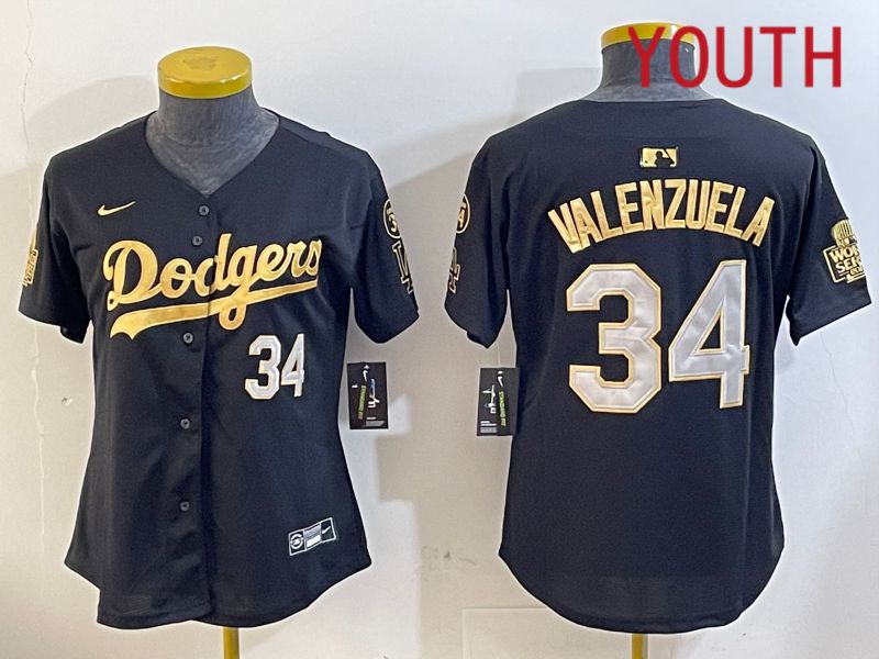 Youth Los Angeles Dodgers #34 Valenzuela 2024 World series patch black jersey 202411201